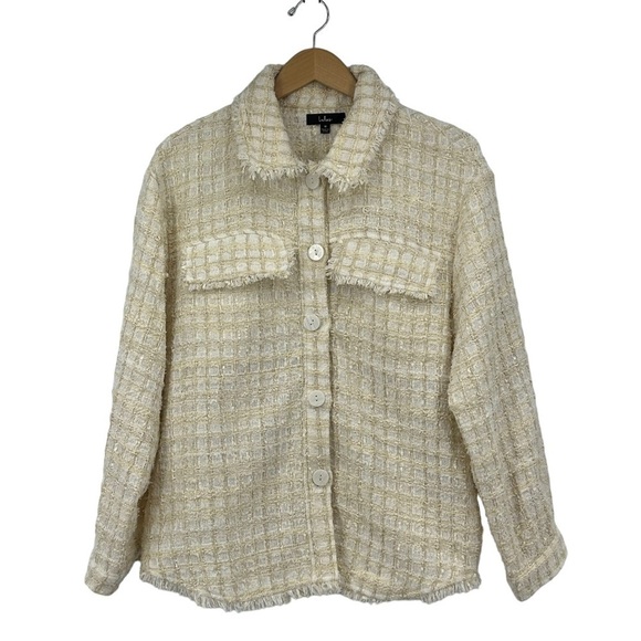 Lulu's Take Notes Ivory Plaid Tweed Shacket Fringe Trim Boucle Size Medium - Picture 6 of 9